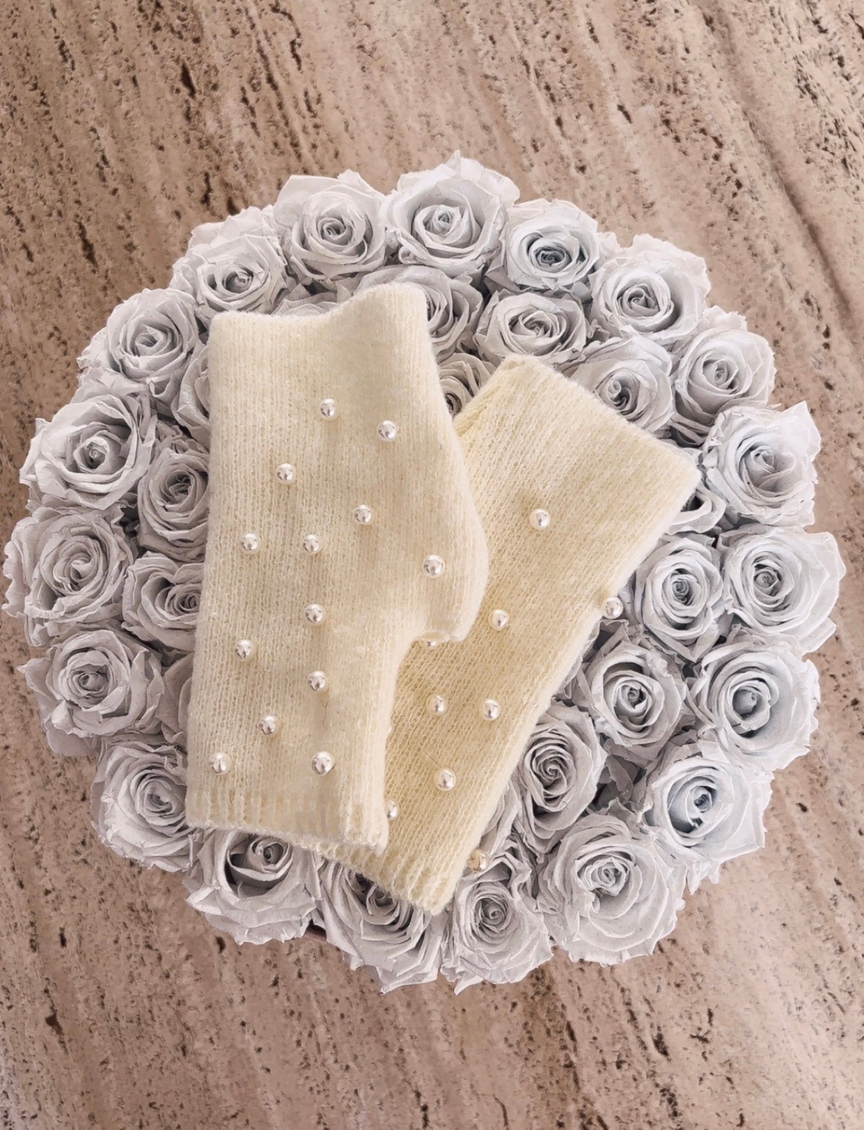 white fingerless gloves with pearls